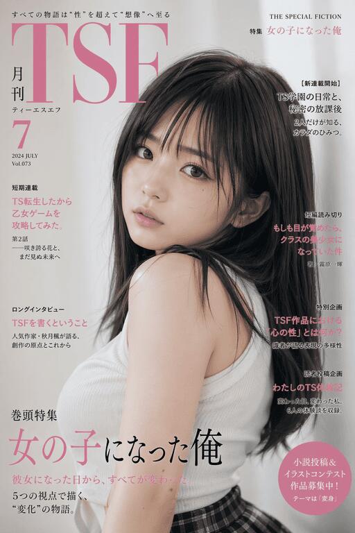 記事見出しも全部勝手に生成されてます。　2:3縦長。photorealistic、雑誌表紙風レイアウト。月刊TSF、フィクション小説雑誌。「女の子になった俺」のポートレイトで、小さなTSF風記事のタイトルがちりばめられている。