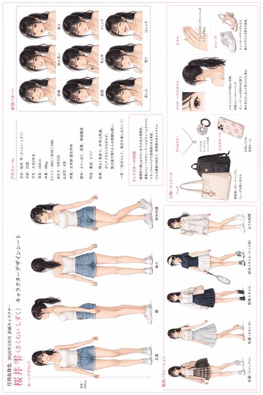名前からパラメタまですべてアドリブでこの精度^^;　この女性のキャラクターデザインシートを3:2横長で製作。精細イラストでターンアラウンド(正面・横・後ろ・斜め)、表情パターン、服装、小物の特徴も含めて描写・解説